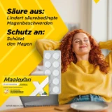 Entspannt zurückgelehnte Person neben Maaloxan® Kautabletten – Minze. Aufschrift: „Säure aus: Lindert säurebedingte Magenbeschwerden. Schutz an: Schützt den Magen.“