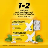 Maaloxan® Kautabletten – Minze mit der Anwendungsempfehlung: „1–2 Tabletten nach dem Essen und vor dem Schlafengehen, maximal 6 pro Tag.“
