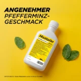Flasche von Maaloxan® Suspension – 250ml Flasche – Minze mit Pfefferminzblättern und der Aufschrift „Angenehmer Pfefferminz-Geschmack“