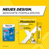 Alte und neue Verpackung von Maaloxan® Liquid – Sachets – Karamell mit der Aufschrift „Neues Design. Bewährte Formulierung.“