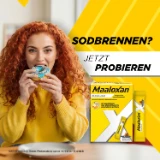 Person isst ein Gebäck; daneben Maaloxan® Liquid – Sachets – Karamell mit der Aufschrift „Sodbrennen? Jetzt probieren.“