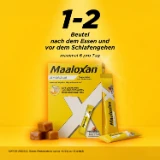 Maaloxan® Liquid – Sachets – Karamell mit der Anwendungsempfehlung: „1–2 Beutel nach dem Essen und vor dem Schlafengehen, maximal 6 pro Tag.“
