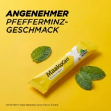 Portionsbeutel von Maaloxan® Suspension – Sachets – Minze mit Pfefferminzblättern und der Aufschrift „Angenehmer Pfefferminz-Geschmack“