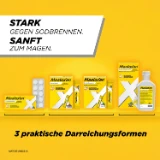 Maaloxan® Kautabletten, Portionsbeutel und Flasche. Aufschrift: „Stark gegen Sodbrennen. Sanft zum Magen. 3 praktische Darreichungsformen.“