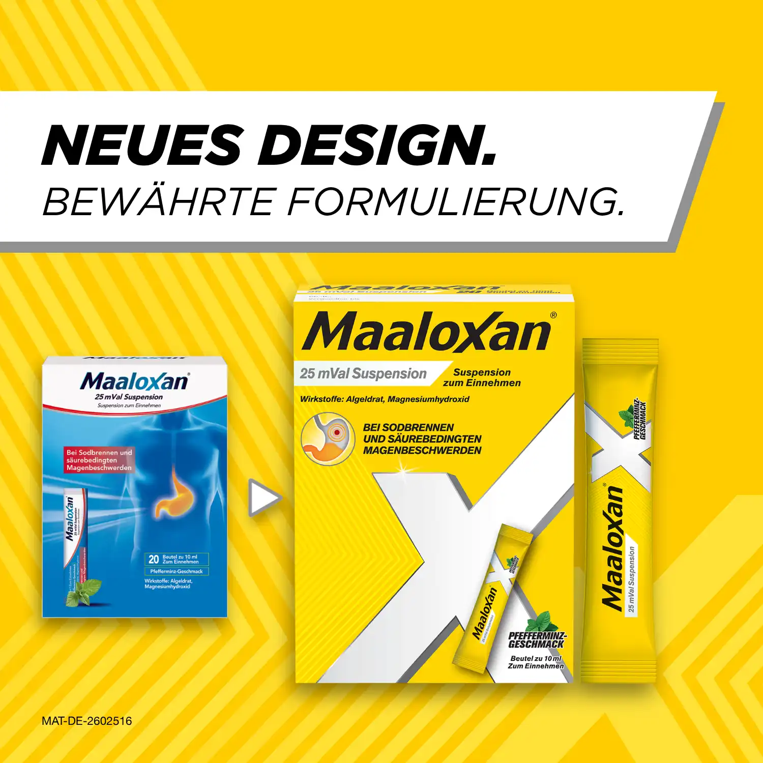 Alte und neue Verpackung von Maaloxan® Suspension – Sachets – Minze mit der Aufschrift „Neues Design. Bewährte Formulierung.“