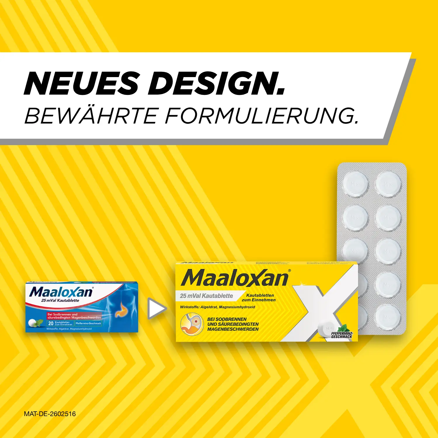 Alte und neue Verpackung von Maaloxan® Kautabletten – Minze mit der Aufschrift „Neues Design. Bewährte Formulierung.“