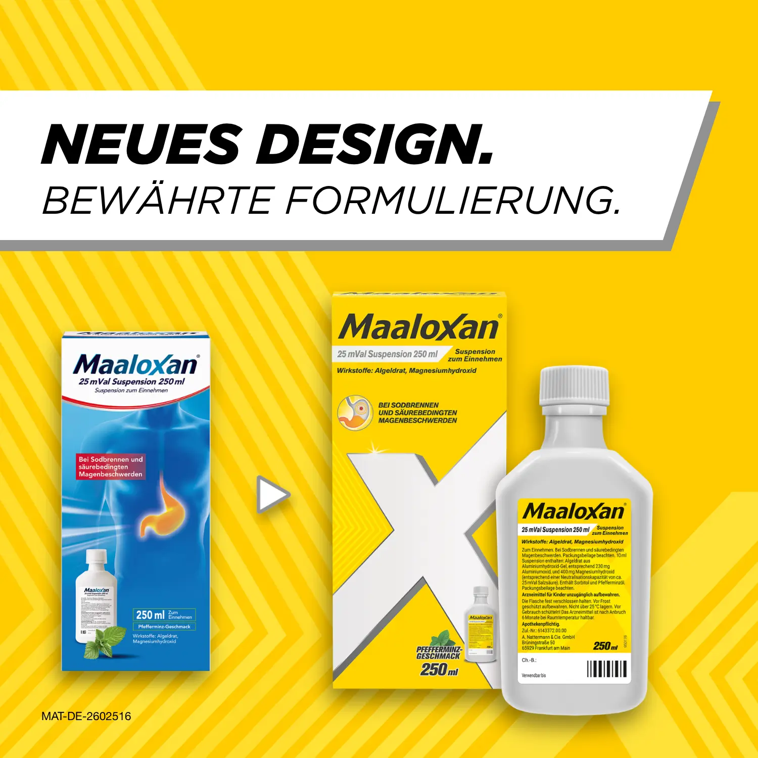 Alte und neue Verpackung von Maaloxan® Suspension – 250ml Flasche – Minze mit der Aufschrift „Neues Design. Bewährte Formulierung.“