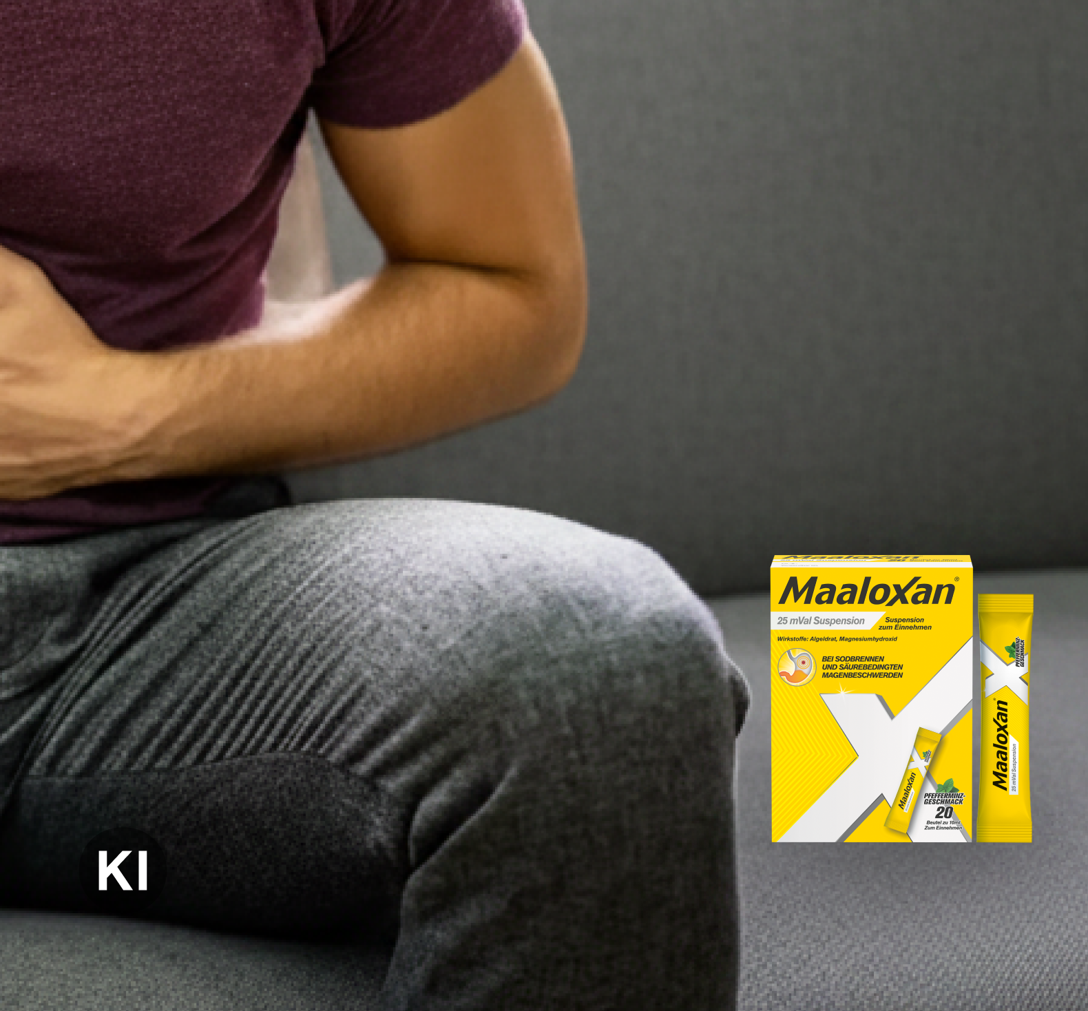 Person sitzt mit einer Hand auf dem Bauch auf einem Sofa; daneben Maaloxan® Suspension – Sachets – Minze