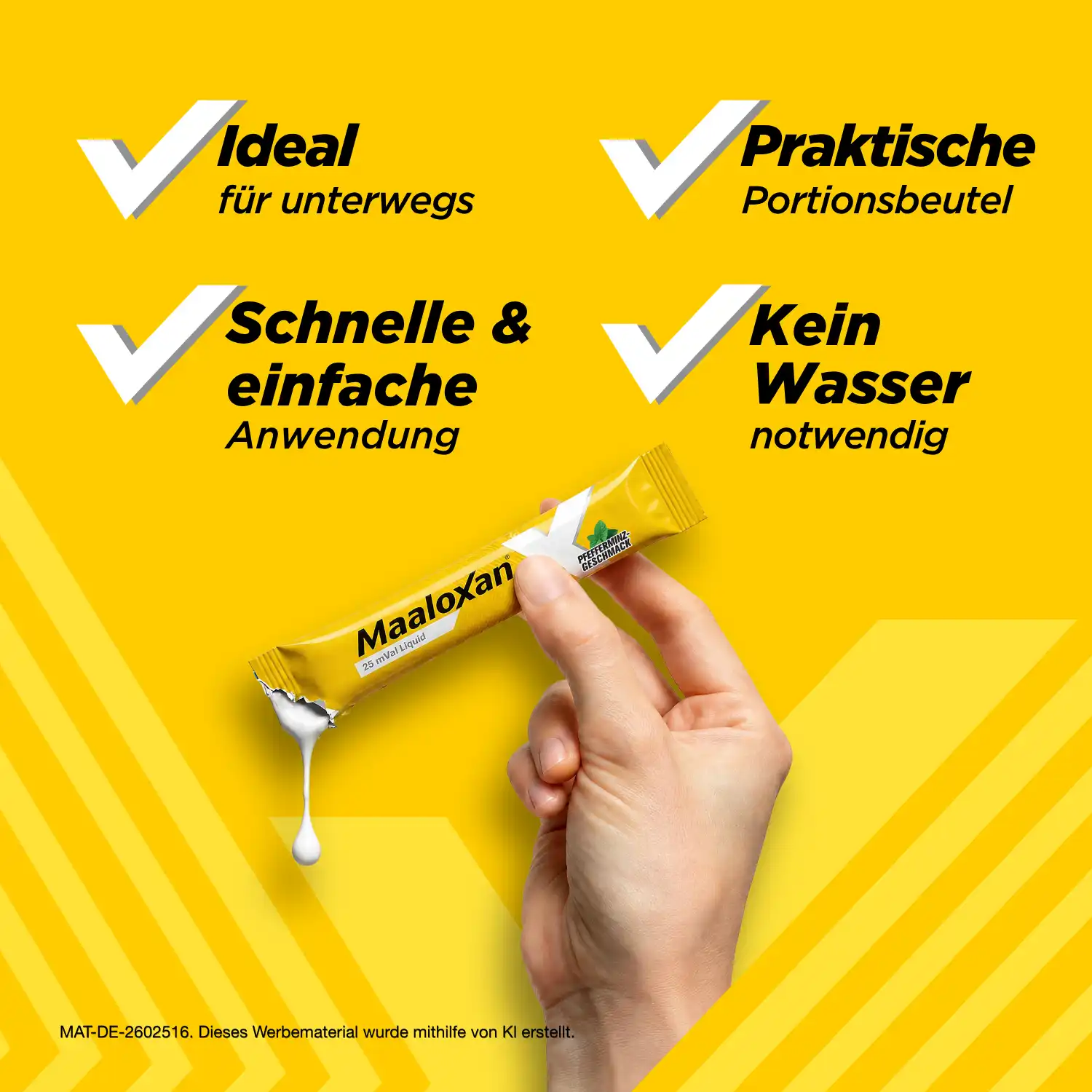 Hand hält einen geöffneten Portionsbeutel von Maaloxan® Suspension – Sachets – Minze. Aufschrift: „Ideal für unterwegs. Praktische Portionsbeutel. Schnelle & einfache Anwendung. Kein Wasser notwendig.“