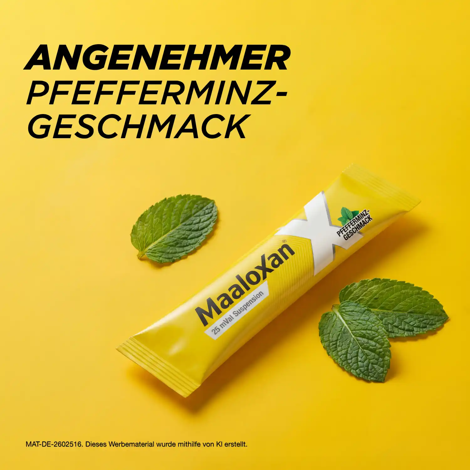 Portionsbeutel von Maaloxan® Suspension – Sachets – Minze mit Pfefferminzblättern und der Aufschrift „Angenehmer Pfefferminz-Geschmack“