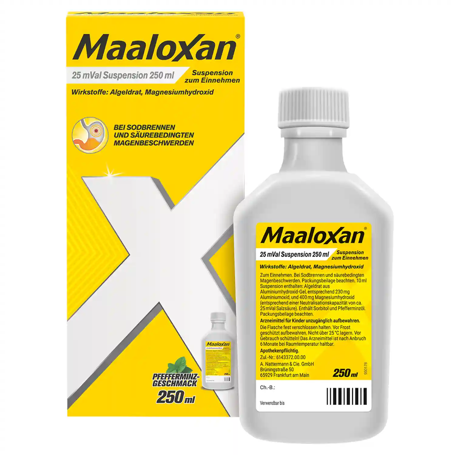 Packung und Flasche von Maaloxan® Suspension – 250ml Flasche – Minze