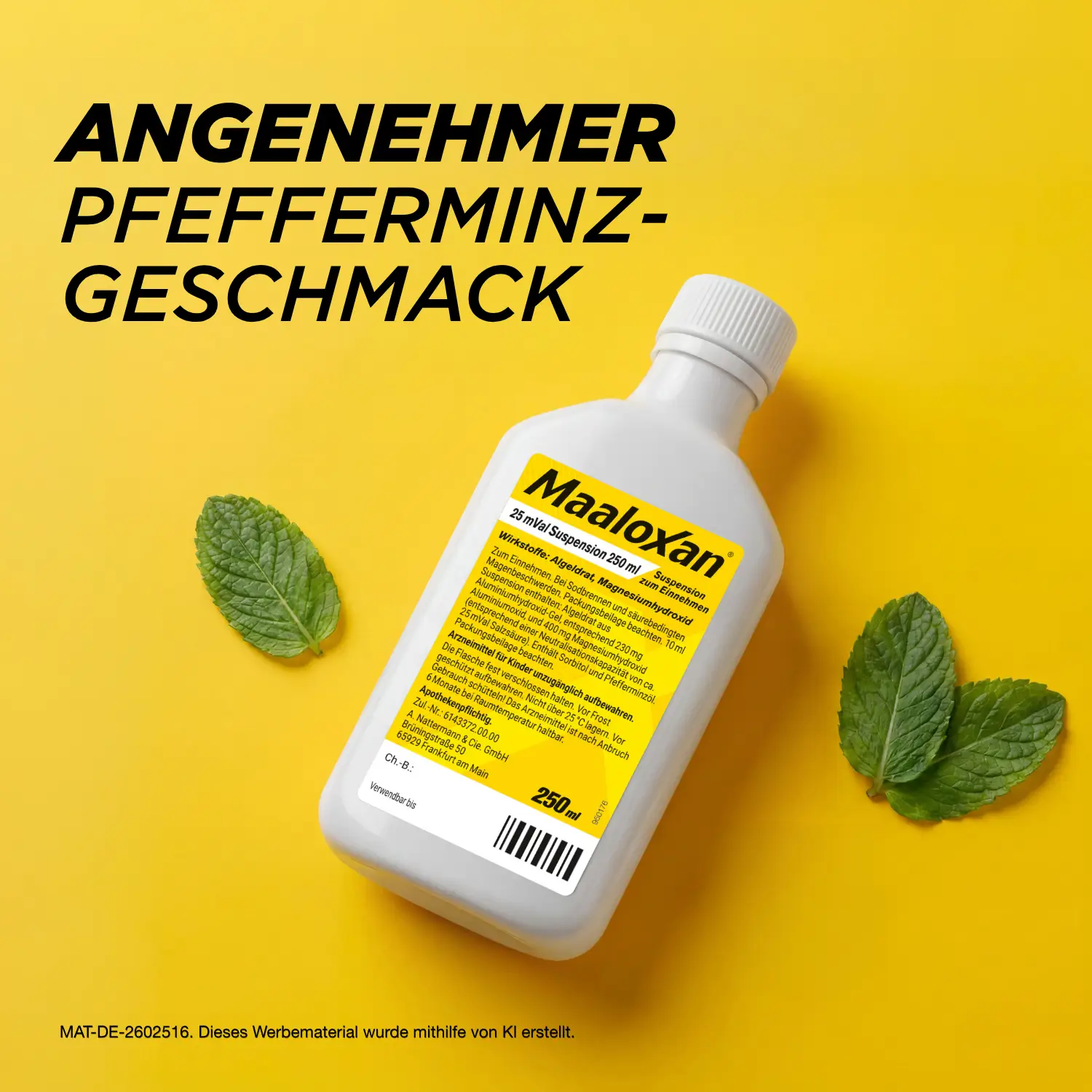 Flasche von Maaloxan® Suspension – 250ml Flasche – Minze mit Pfefferminzblättern und der Aufschrift „Angenehmer Pfefferminz-Geschmack“