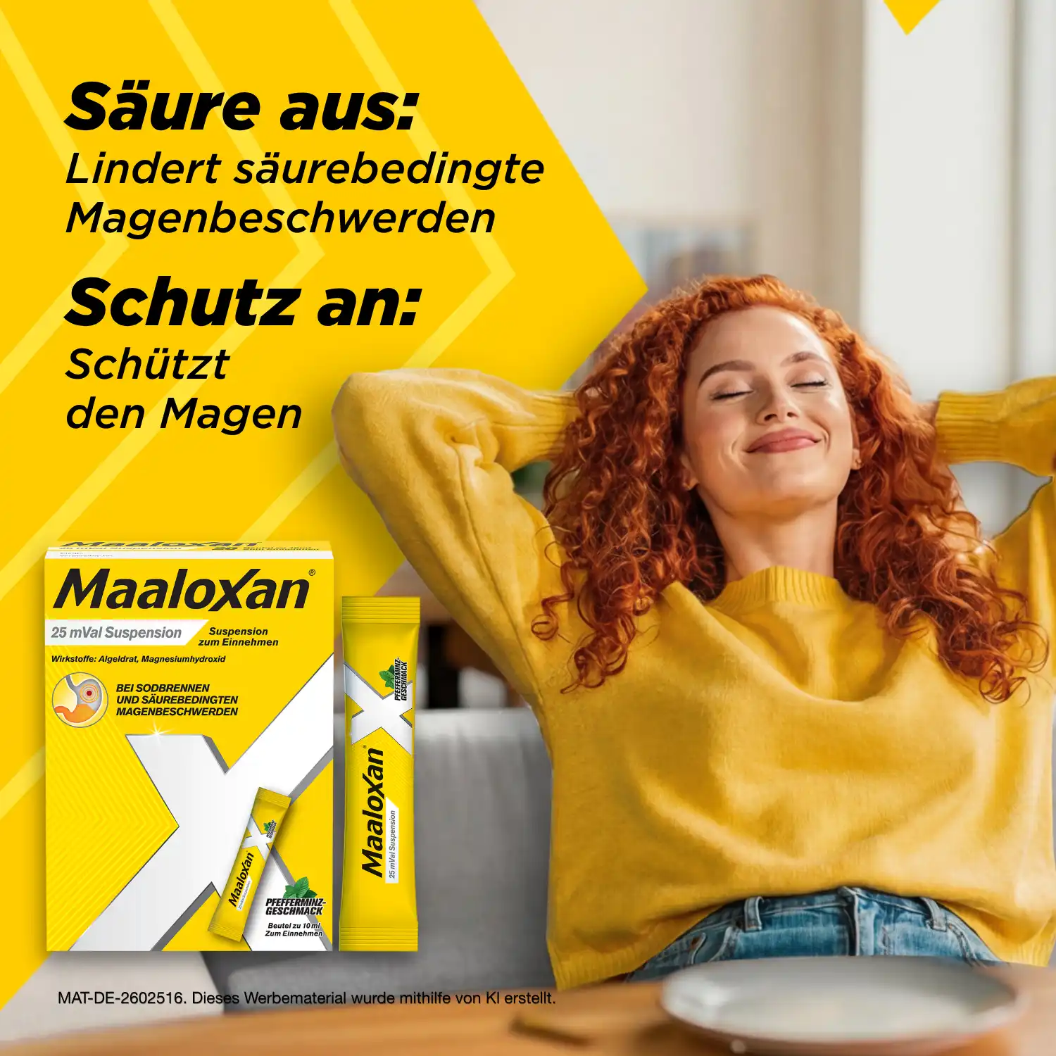 Entspannt zurückgelehnte Person neben Maaloxan® Suspension – Sachets – Minze. Aufschrift: „Säure aus: Lindert säurebedingte Magenbeschwerden. Schutz an: Schützt den Magen.“