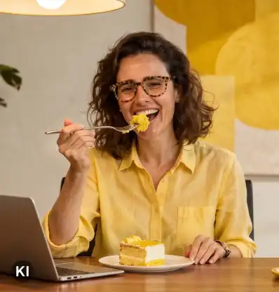 Person isst Kuchen während der Arbeit am Laptop