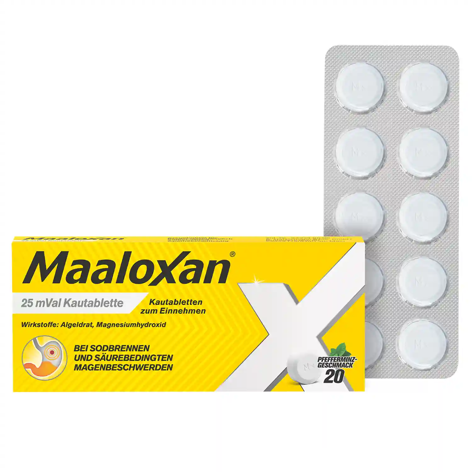 Packung und Blister von Maaloxan® Kautabletten – Minze