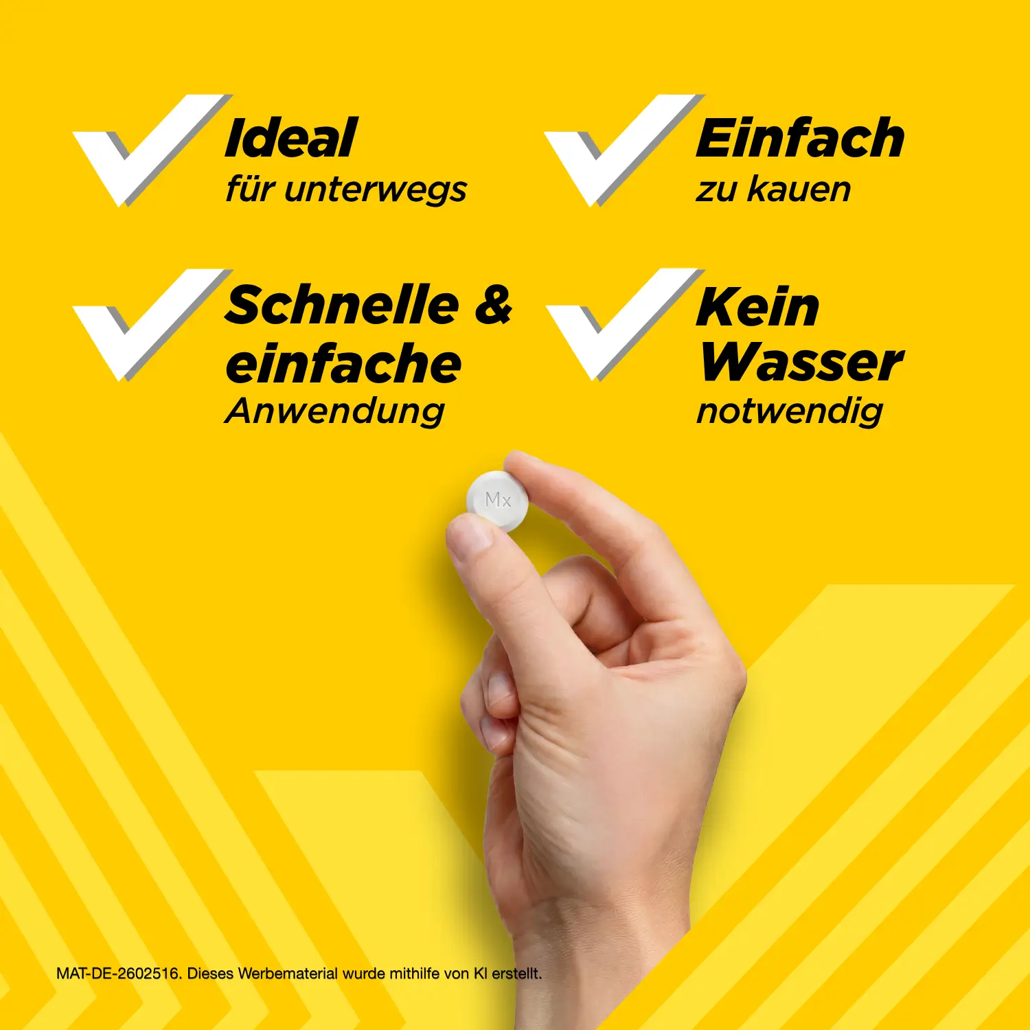 Hand hält eine Maaloxan® Kautablette. Aufschrift: „Ideal für unterwegs. Einfach zu kauen. Schnelle & einfache Anwendung. Kein Wasser notwendig.“