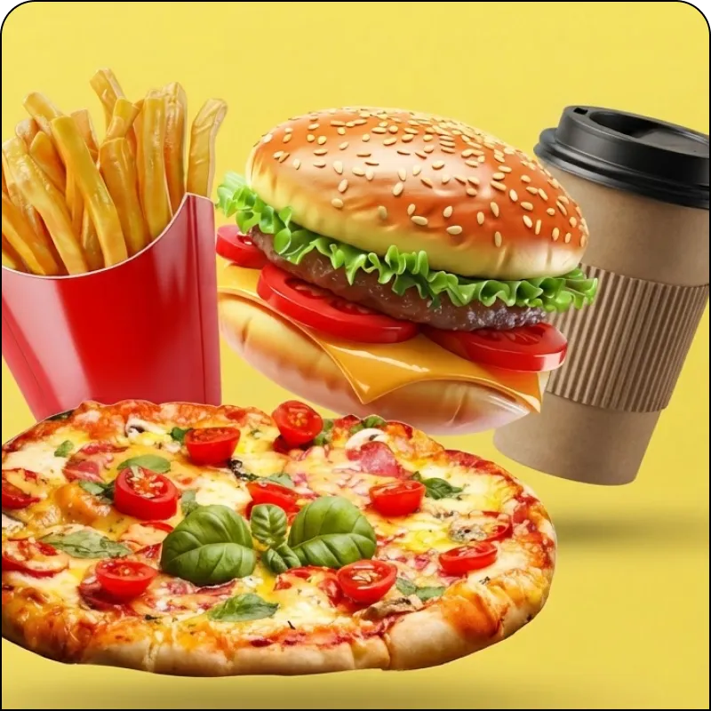 Burger, Pommes frites und Pizza vor gelbem Hintergrund