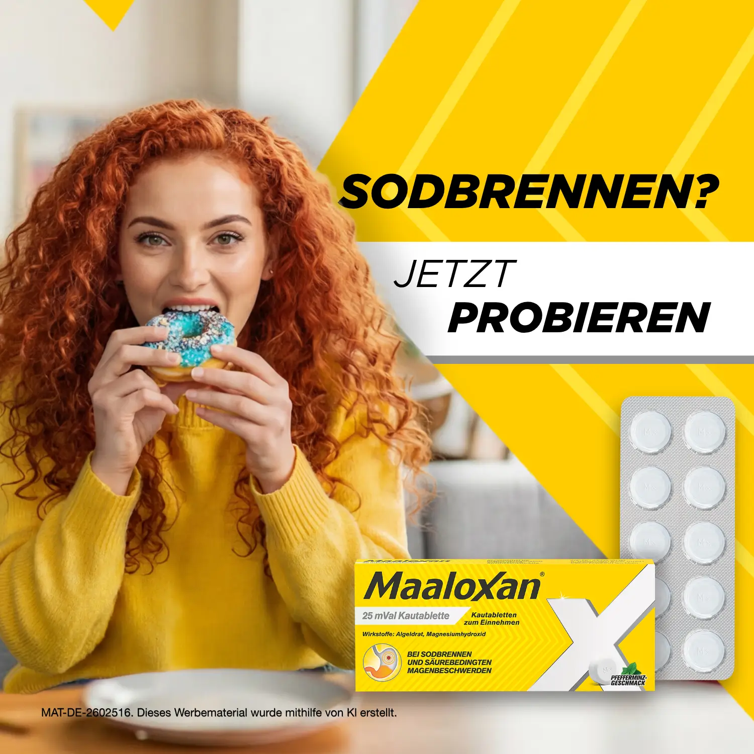 Person isst ein Gebäck; daneben Maaloxan® Kautabletten – Minze mit der Aufschrift „Sodbrennen? Jetzt probieren.“