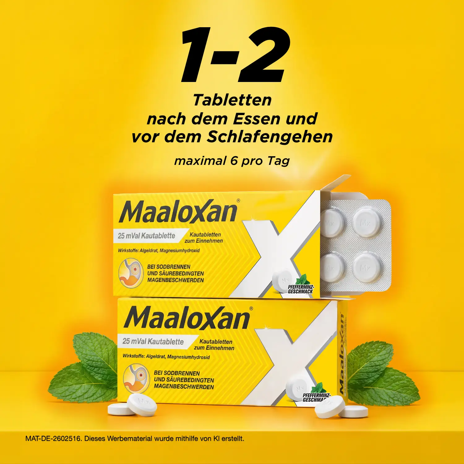 Maaloxan® Kautabletten – Minze mit der Anwendungsempfehlung: „1–2 Tabletten nach dem Essen und vor dem Schlafengehen, maximal 6 pro Tag.“