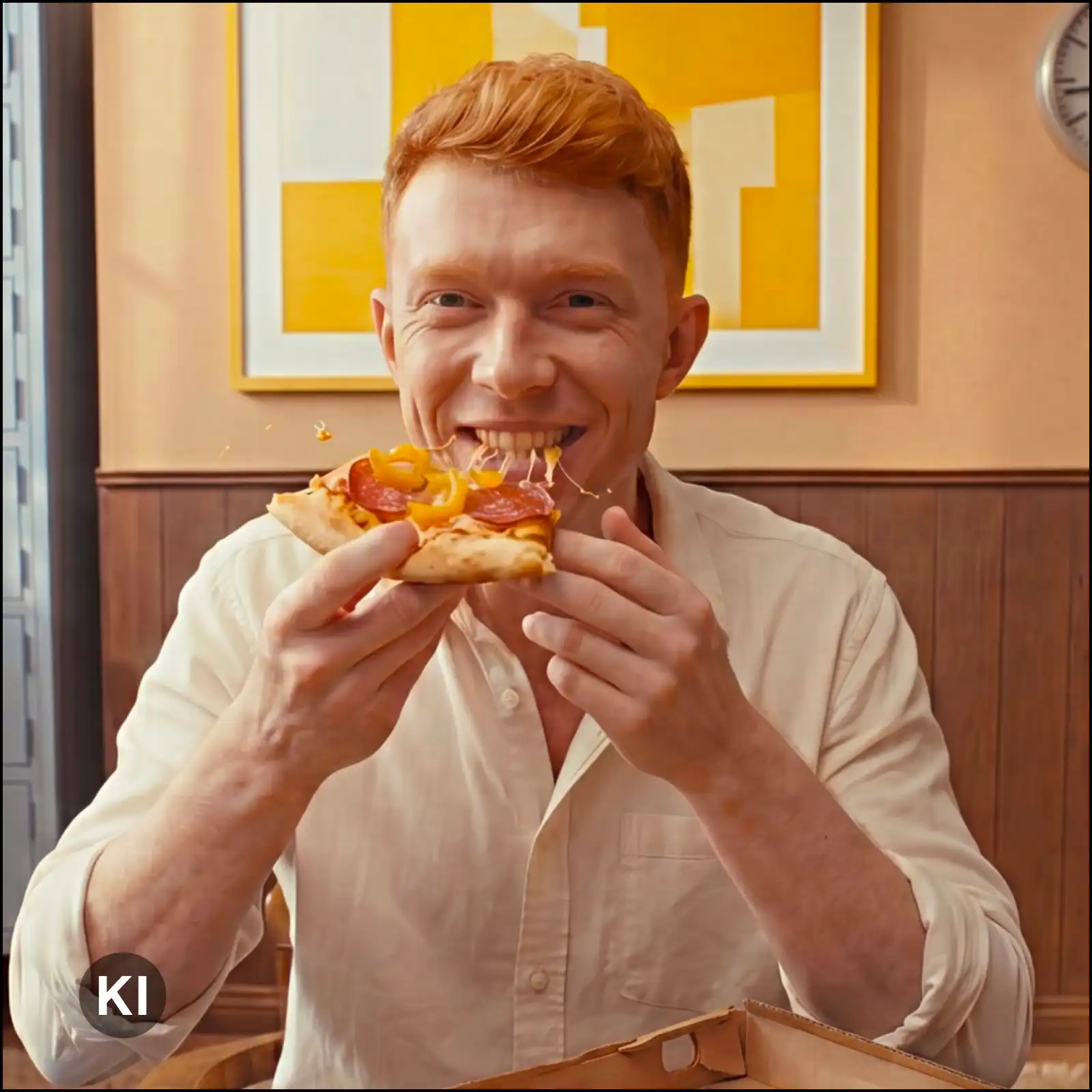 Person isst ein Stück Pizza am Tisch