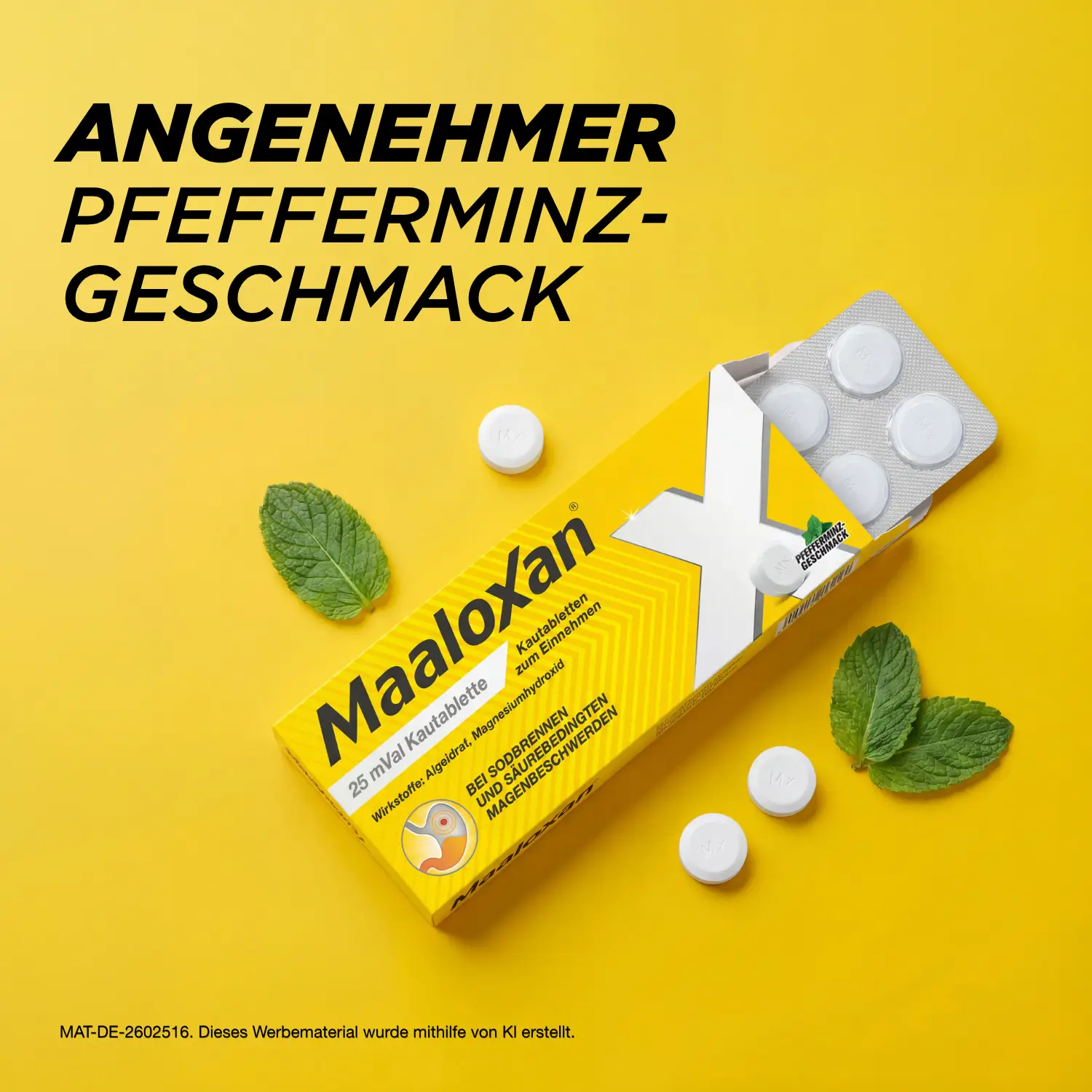 Packung, Blister und Kautabletten von Maaloxan® Kautabletten – Minze mit Pfefferminzblättern und der Aufschrift „Angenehmer Pfefferminz-Geschmack“