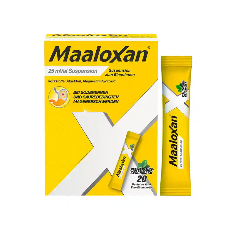 Packung und Portionsbeutel von Maaloxan® Suspension – Sachets – Minze