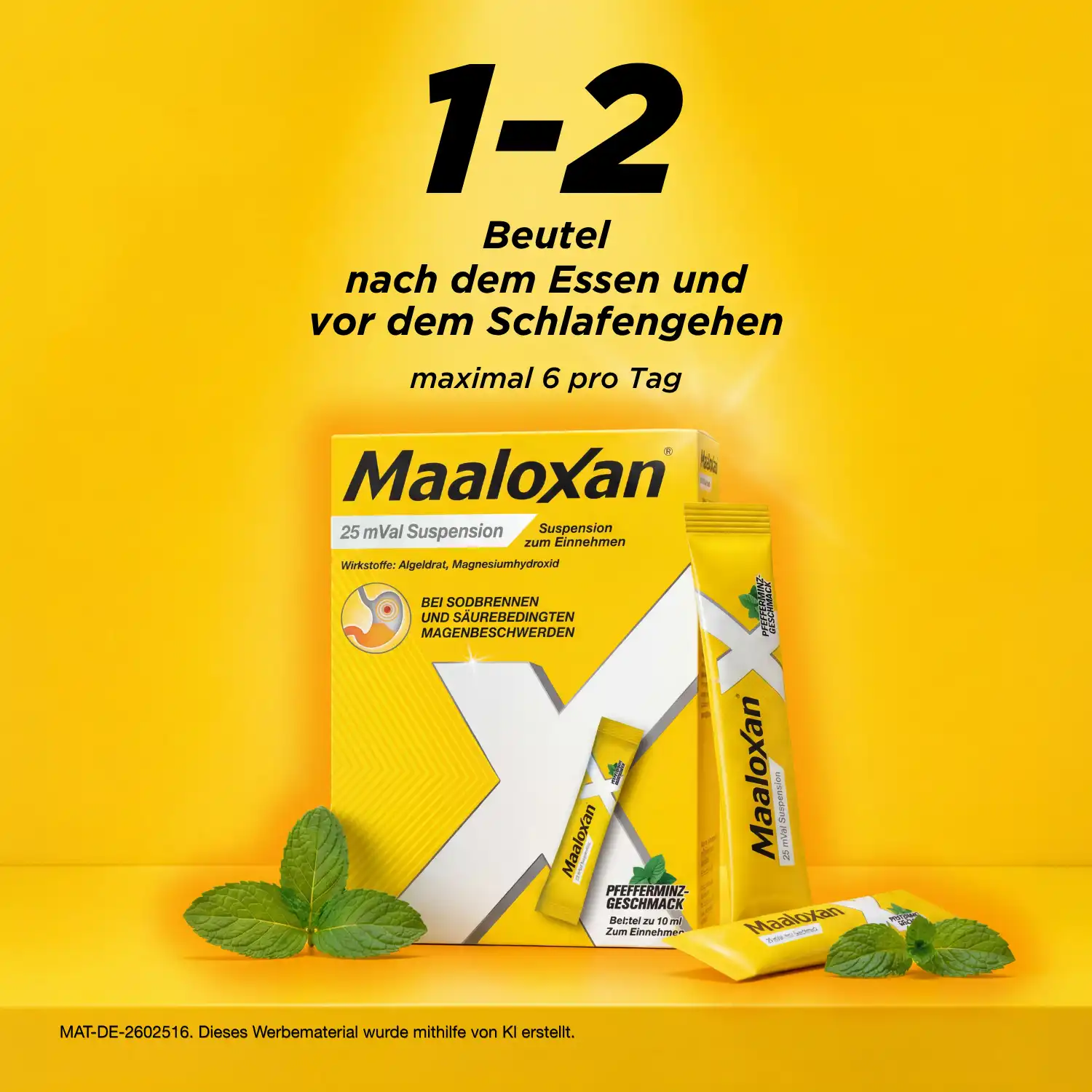 Maaloxan® Suspension – Sachets – Minze mit der Anwendungsempfehlung: „1–2 Beutel nach dem Essen und vor dem Schlafengehen, maximal 6 pro Tag.“