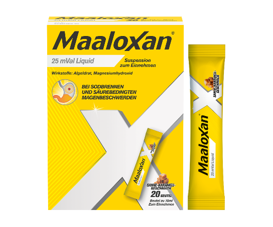 Packung und Portionsbeutel von Maaloxan® Suspension – Sachets – Karamell