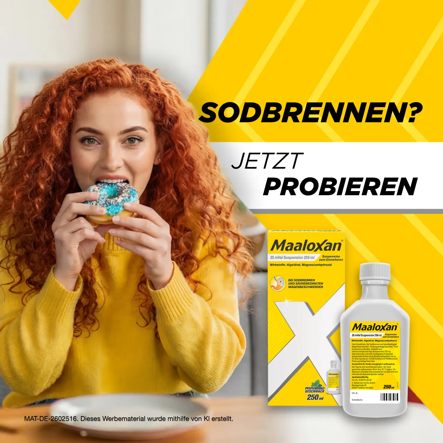 Person isst ein Gebäck; daneben Maaloxan® Suspension – 250ml Flasche – Minze mit der Aufschrift „Sodbrennen? Jetzt probieren.“