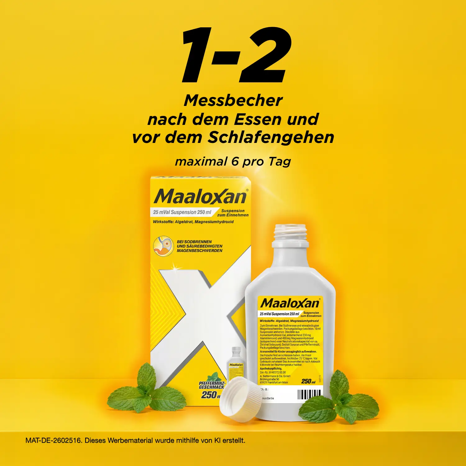 Maaloxan® Suspension – 250ml Flasche – Minze mit der Anwendungsempfehlung: „1–2 Messbecher nach dem Essen und vor dem Schlafengehen, maximal 6 pro Tag.“