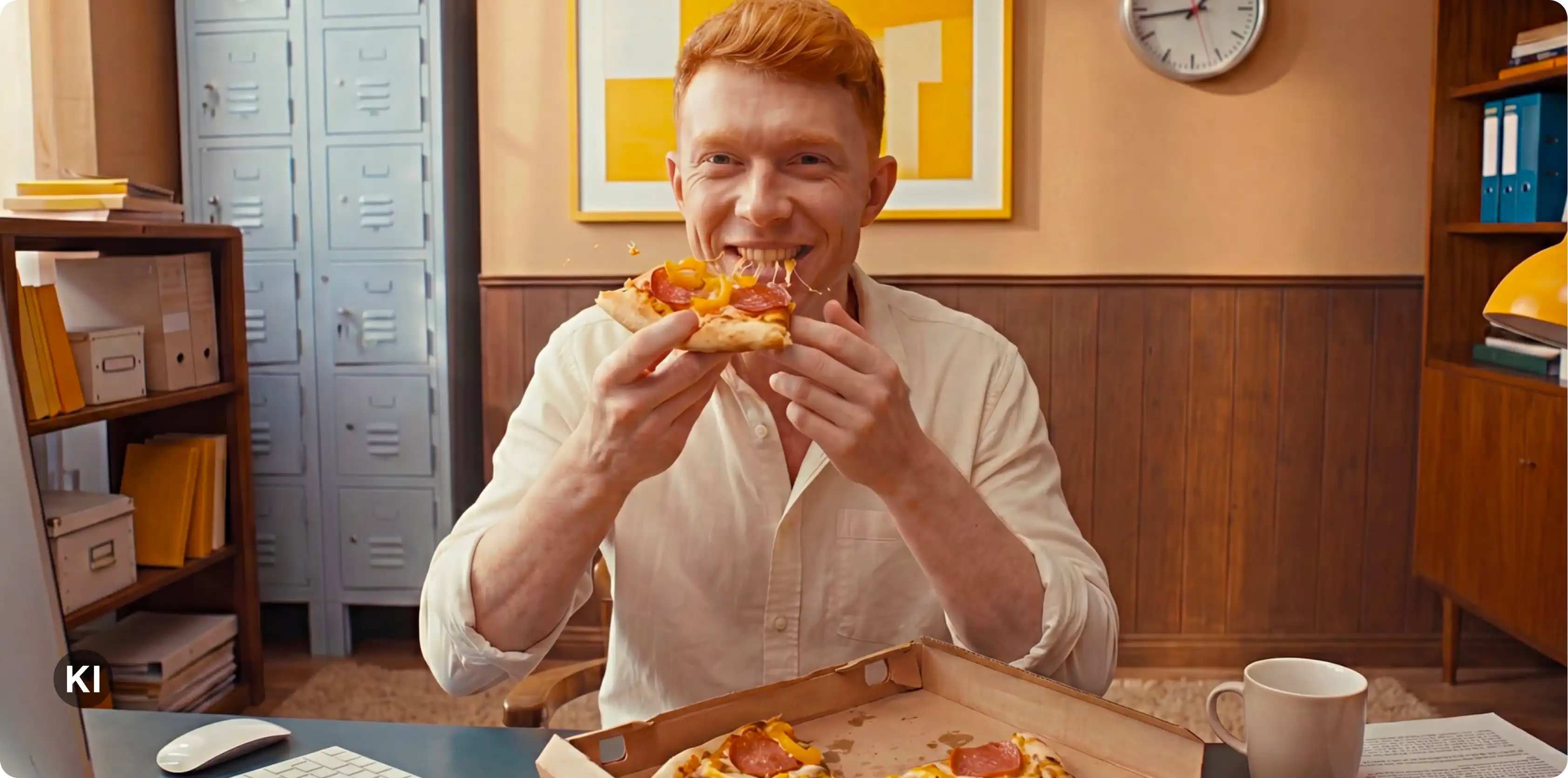 Person isst ein Stück Pizza am Tisch