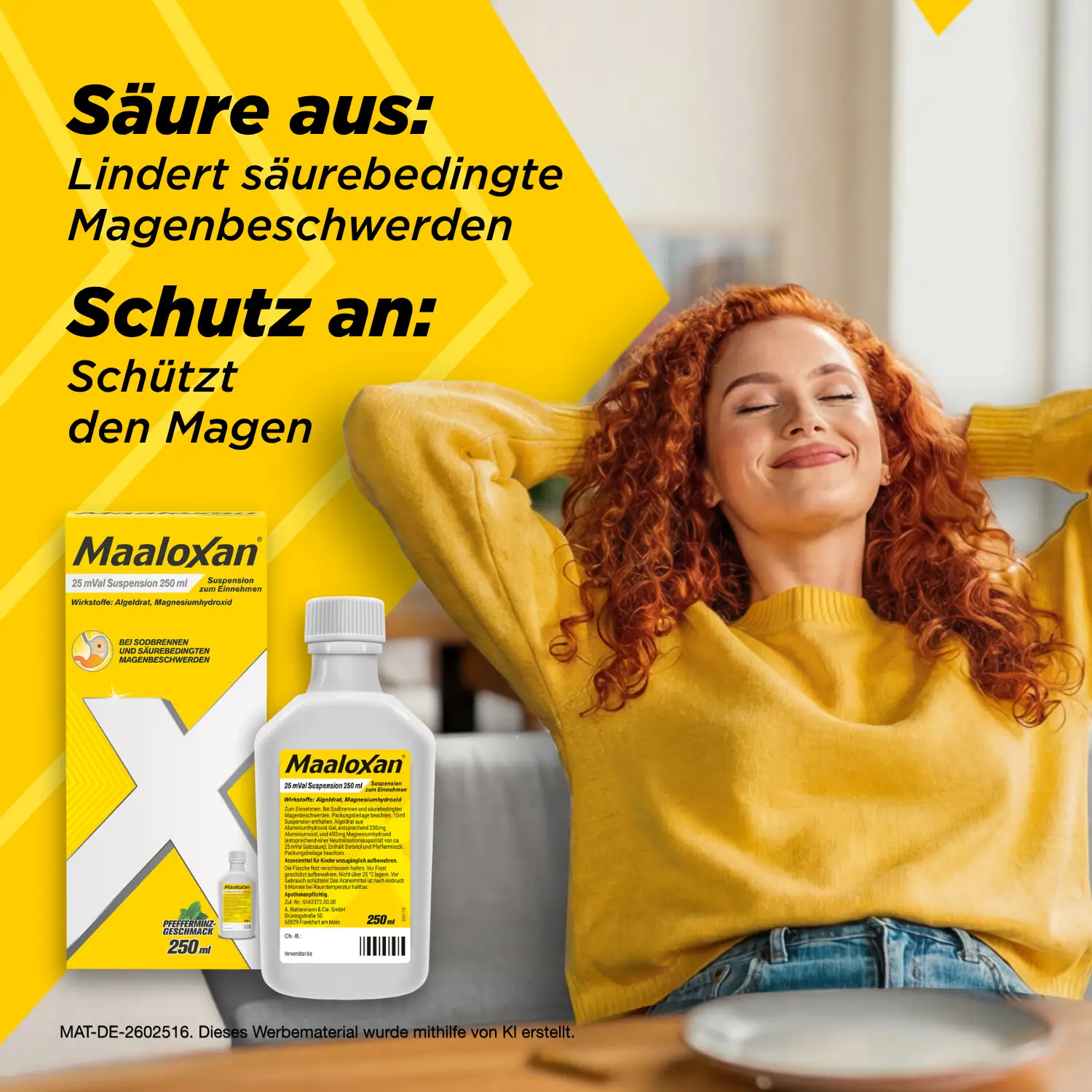 Entspannt zurückgelehnte Person neben Maaloxan® Suspension – 250ml Flasche – Minze. Aufschrift: „Säure aus: Lindert säurebedingte Magenbeschwerden. Schutz an: Schützt den Magen.“