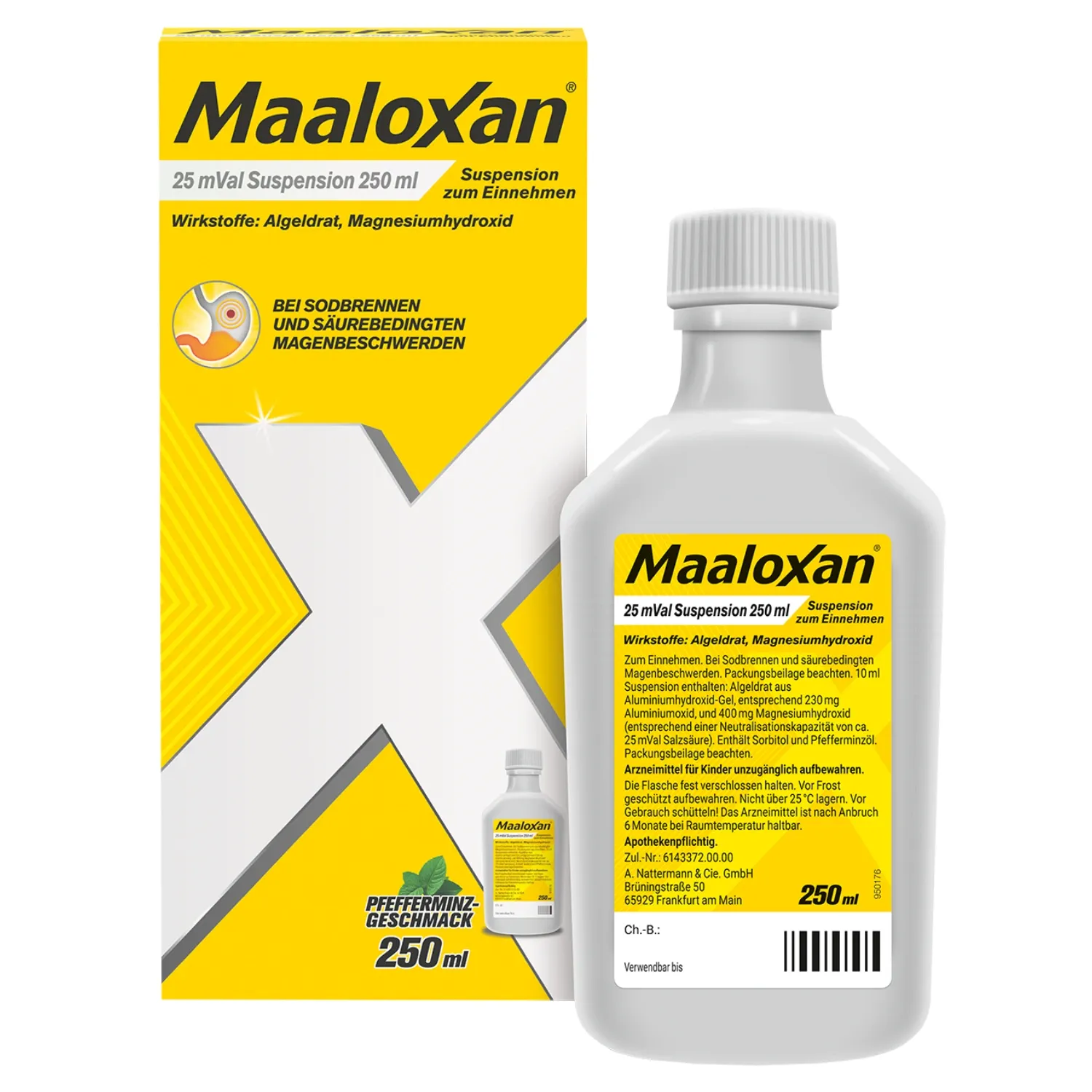 Packung und Flasche von Maaloxan® Suspension – 250ml Flasche – Minze