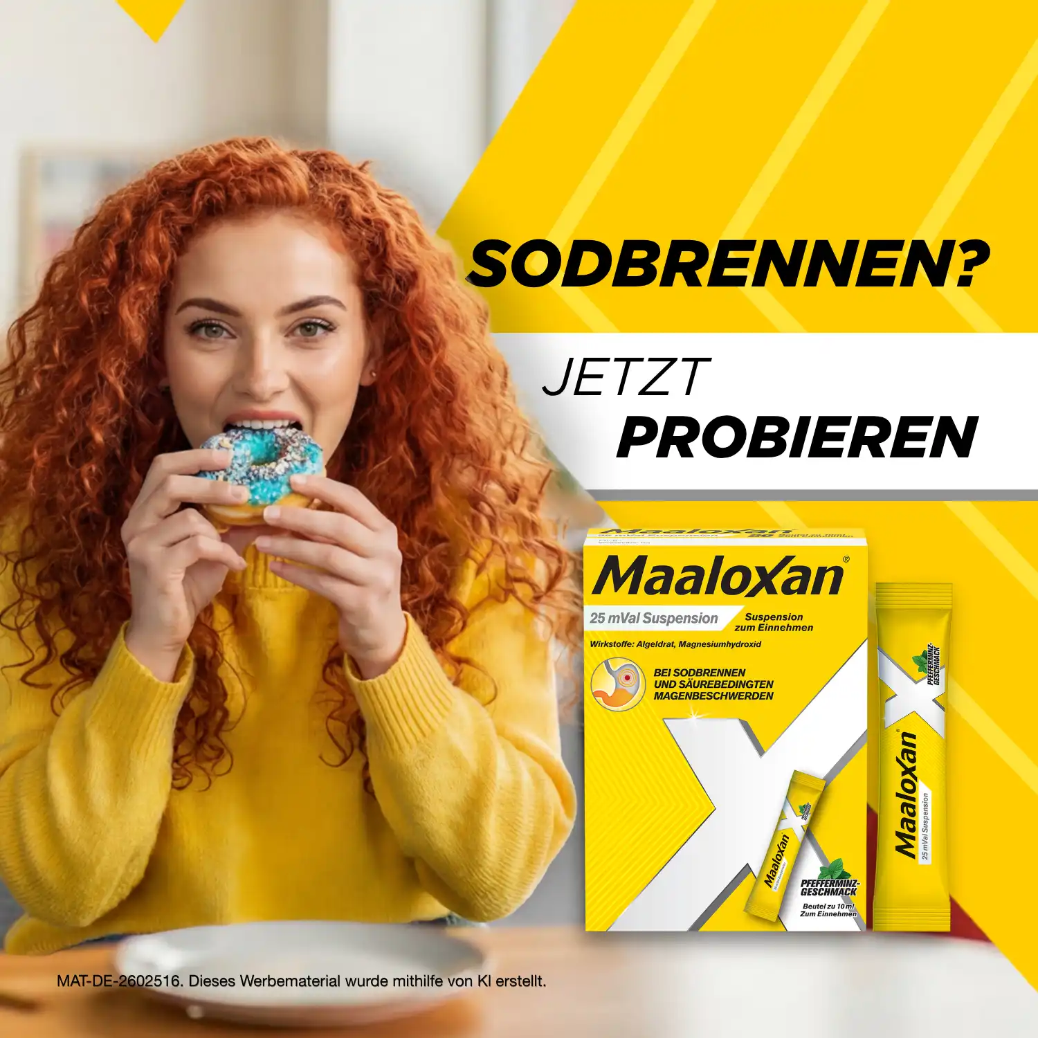 Person isst ein Gebäck; daneben Maaloxan® Suspension – Sachets – Minze mit der Aufschrift „Sodbrennen? Jetzt probieren.“