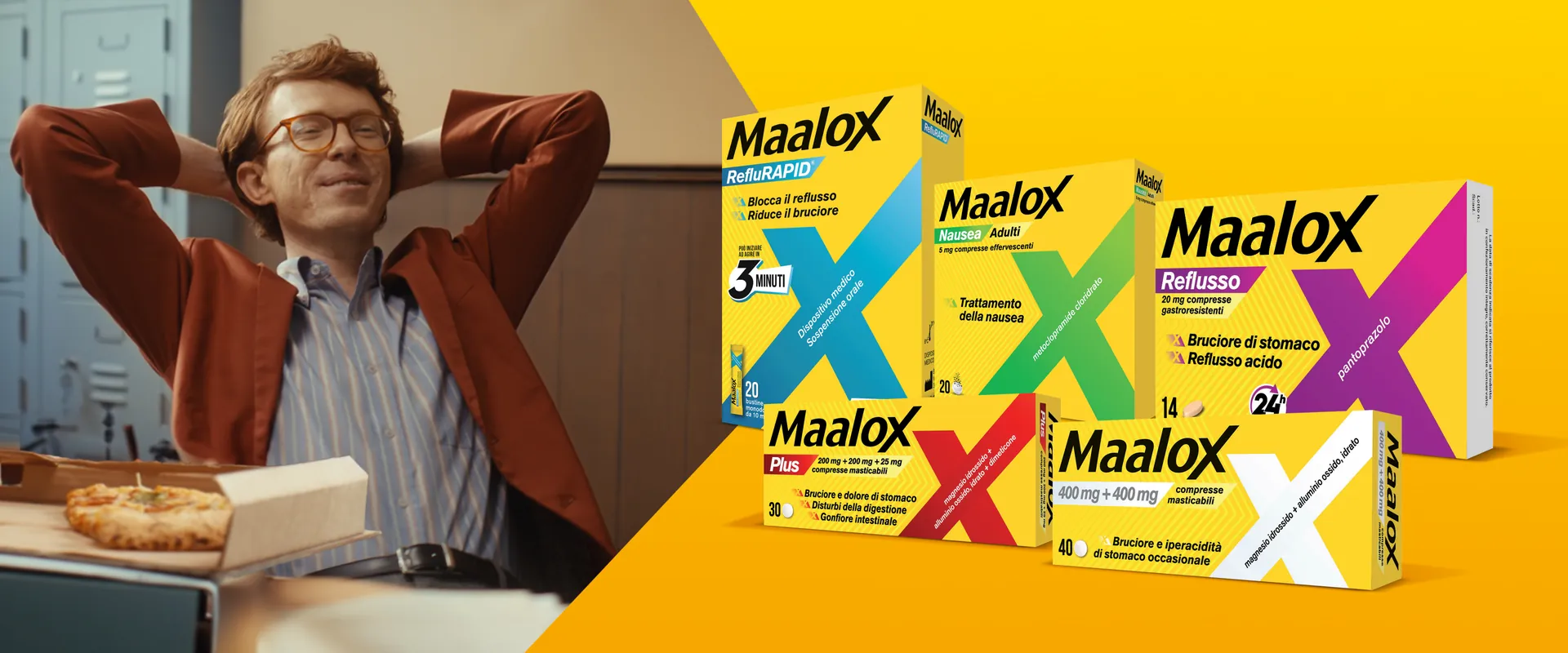 Il camioncino e la confezione del prodotto Maalox evidenziano il nuovo aspetto e i benefici per la digestione.